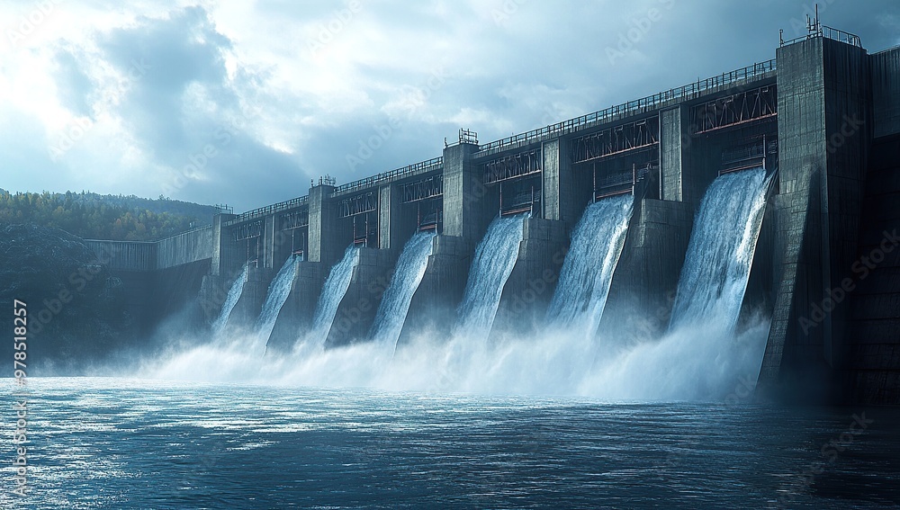 A wide shot of the dam shows water gushing over, creating an impressive and powerful scene A wide shot of the dam shows water gushing over, creating an impressive and powerful scene
