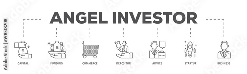 Angel investor infographic icon flow process which consists of capital, funding, commerce, depositor, advice, startup and business icon live stroke and easy to edit 