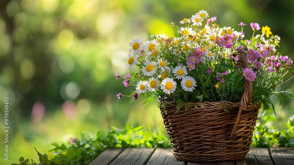 flowers bouquet in wicker basket on table in garden, abstract natural green background. spring, summer season. rustic still life with meadow flowers. template for design. generative ai flowers bouquet in wicker basket on table in garden, abstract natural green background. spring, summer season. rustic still life with meadow flowers. template for design. generative ai