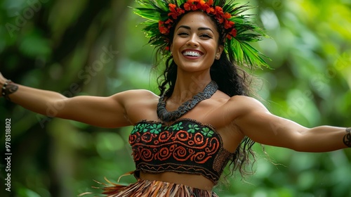 Maori Woman Dancing in Traditional Piupiu Skirt, Lush Green Forest Backdrop photo