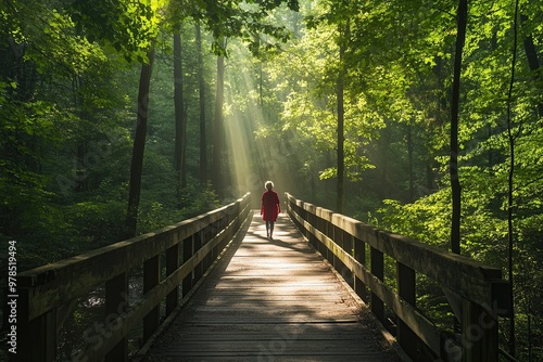 A wooden bridge leads to the forest trail, with green trees and sunlight filtering through them