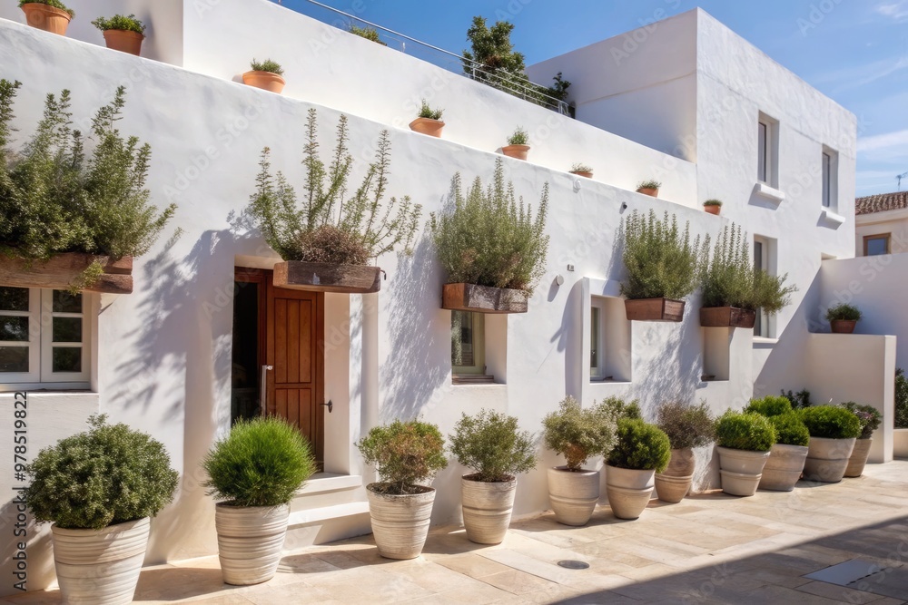 Fototapeta premium Charming white building with potted plants and wooden doors.