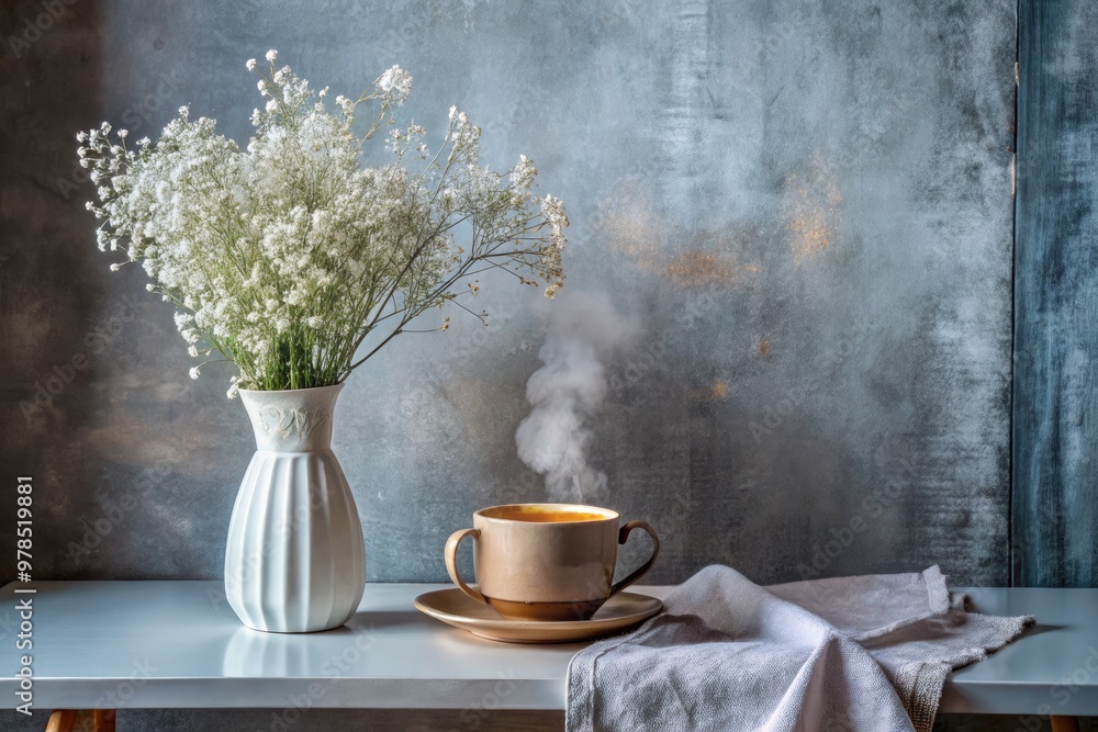 Steaming cup of coffee beside a vase of delicate flowers. Steaming cup of coffee beside a vase of delicate flowers.