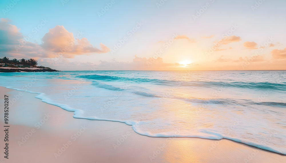 Fototapeta premium Crystal-clear turquoise waters with gentle waves lapping at a pristine beach under a golden sunset