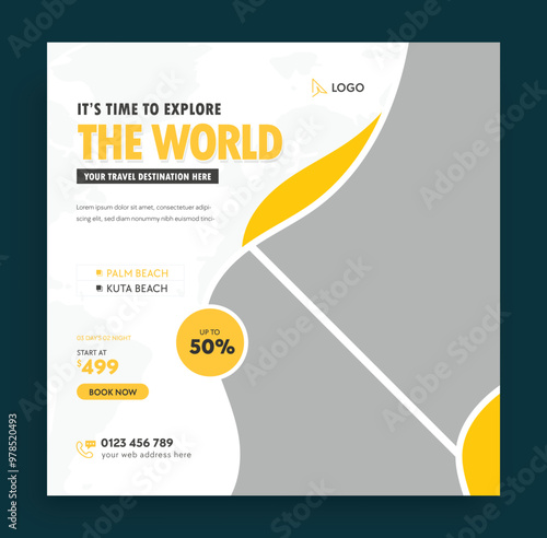 Travel and tourism business social media post template. Travel web banner or poster. Web banner ads for travel promotion. Travel and tour social media banner post template.