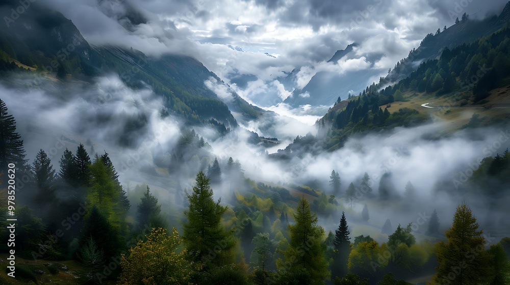 A tranquil mountain valley with swirling mist and low clouds drifting through the trees, creating a calm and serene atmosphere under a cloudy sky. A tranquil mountain valley with swirling mist and low clouds drifting through the trees, creating a calm and serene atmosphere under a cloudy sky.