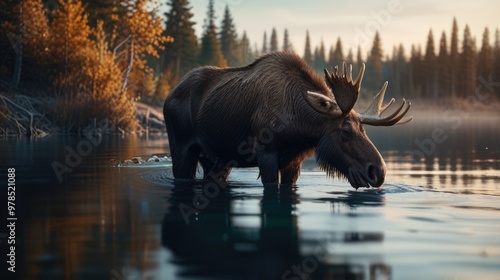 Wild moose drinking water in shallow lake water