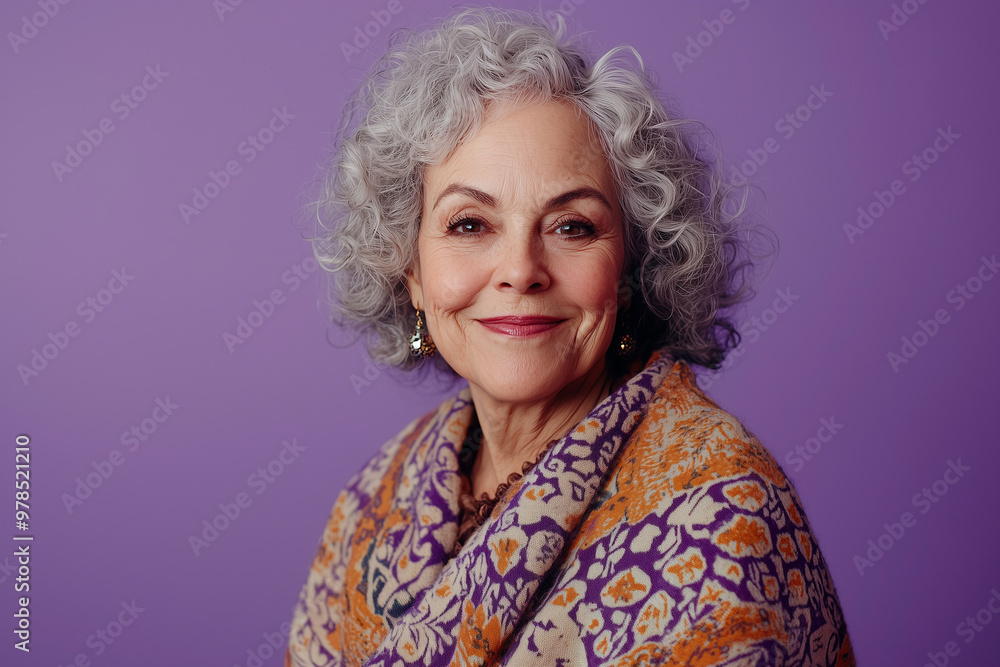 Portrait of a senior woman with curly hair wearing a patterned shawl, smiling at the camera, posing for a photo in the studio with lilac, purple background. international women's day Portrait of a senior woman with curly hair wearing a patterned shawl, smiling at the camera, posing for a photo in the studio with lilac, purple background. international women's day
