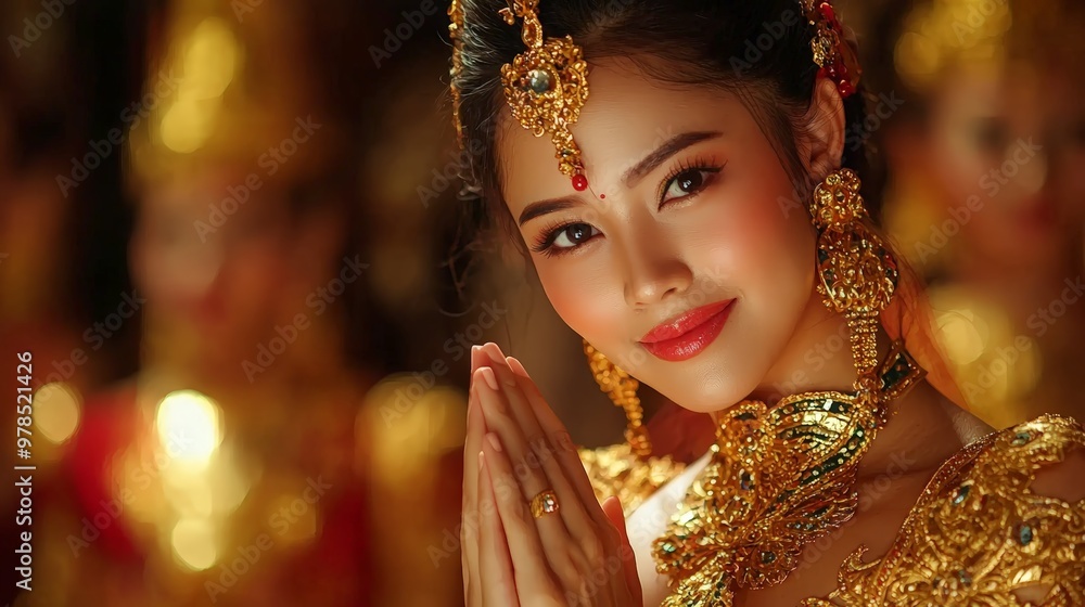 Fototapeta premium Thai Woman Performing Traditional Dance, Adorned in Gold Silk with Grand Temple Backdrop