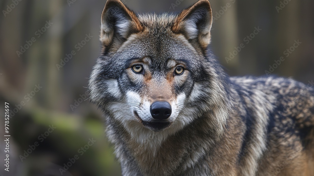 A wolf with sharp teeth and eyes, looking straight ahead. A wolf with sharp teeth and eyes, looking straight ahead.