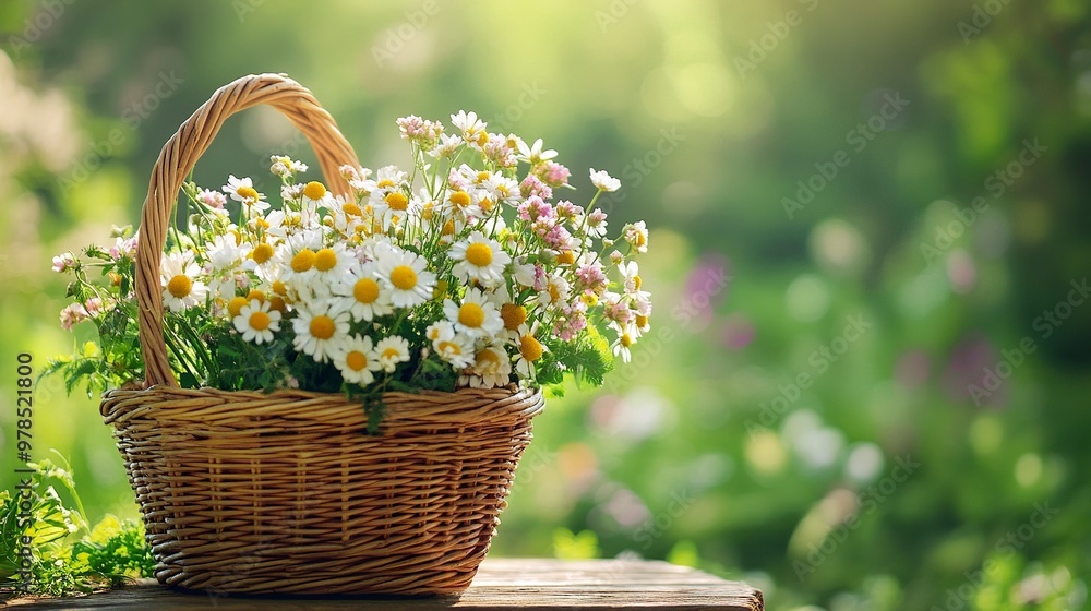 flowers bouquet in wicker basket on table in garden, abstract natural green background. spring, summer season. rustic still life with meadow flowers. template for design. generative ai flowers bouquet in wicker basket on table in garden, abstract natural green background. spring, summer season. rustic still life with meadow flowers. template for design. generative ai