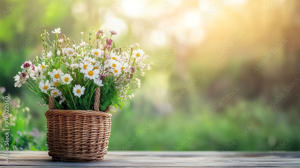 flowers bouquet in wicker basket on table in garden, abstract natural green background. spring, summer season. rustic still life with meadow flowers. template for design. generative ai flowers bouquet in wicker basket on table in garden, abstract natural green background. spring, summer season. rustic still life with meadow flowers. template for design. generative ai