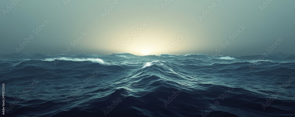 Fototapeta premium A serene view of dark ocean waves under a misty sky with sunlight peeking through, creating a calming atmosphere.