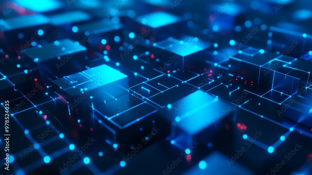 Obraz premium Abstract digital landscape of glowing blue cubes and connecting lines, representing modern technology and networking.