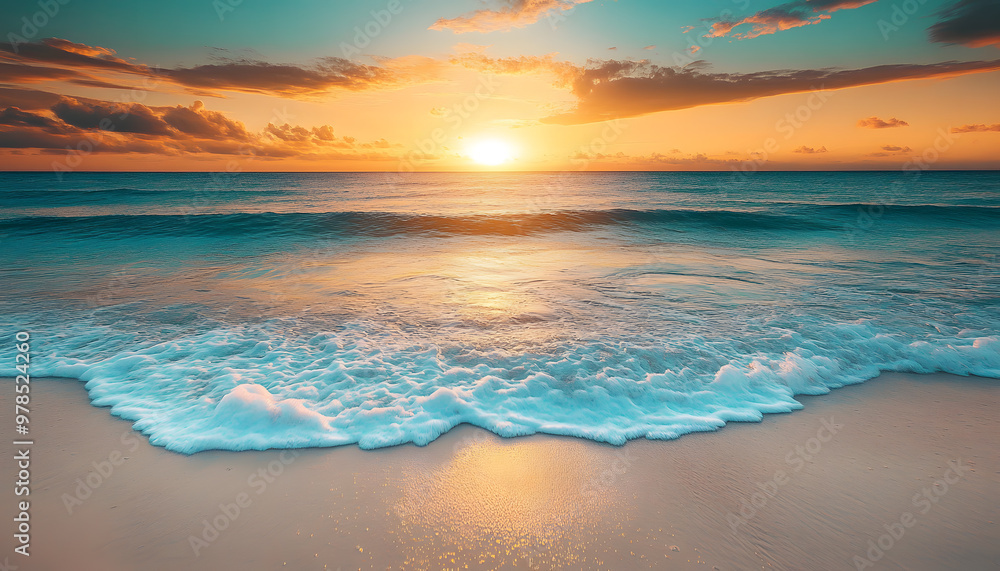 Crystal-clear turquoise waters with gentle waves lapping at a pristine beach under a golden sunset Crystal-clear turquoise waters with gentle waves lapping at a pristine beach under a golden sunset