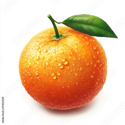 A fresh mandarin orange with water droplets on its textured peel and an attached green leaf, set against a white background.