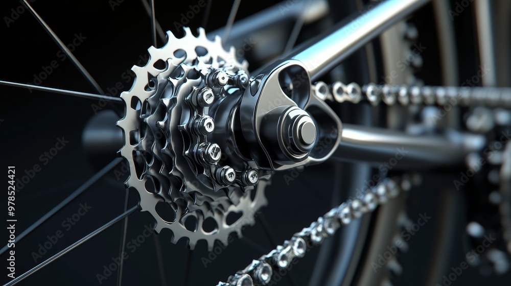 Obraz premium Close-up of a bicycle gear mechanism, showcasing detailed metal parts and intricate design, highlighting bicycle engineering and craftsmanship.