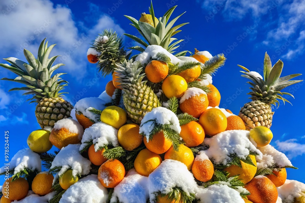 Snow-covered branches bear a heavy load of bright citrus fruits - pineapples, oranges, lemons - against a clear blue winter sky. Snow-covered branches bear a heavy load of bright citrus fruits - pineapples, oranges, lemons - against a clear blue winter sky.