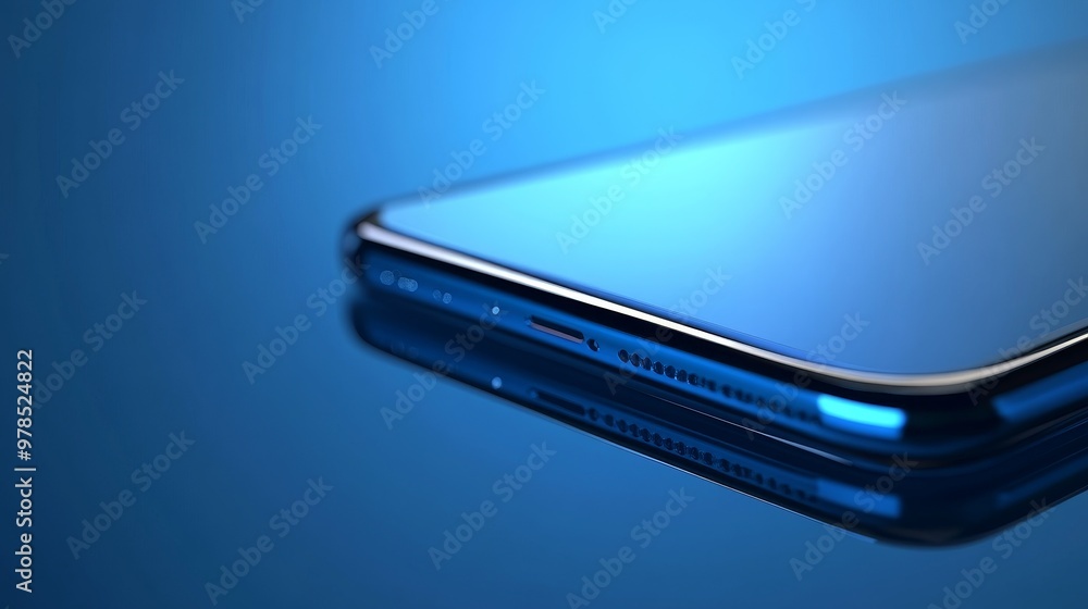 Close-up of a modern smartphone with a sleek blue background, showcasing its slim design and glass surface.