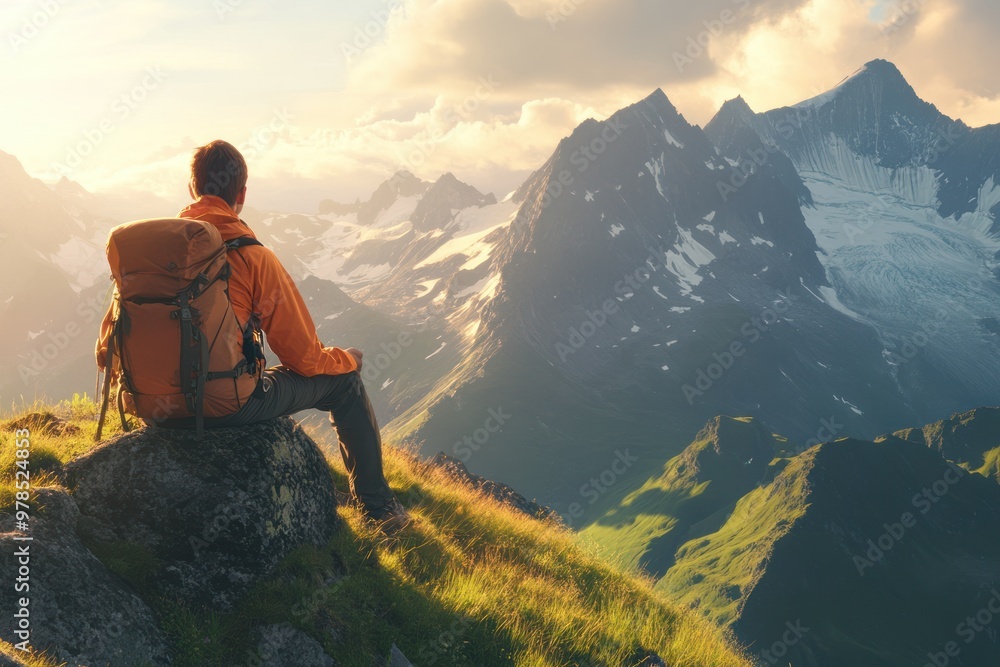Fototapeta premium Solo Adventurer Enjoying Mountain Sunset