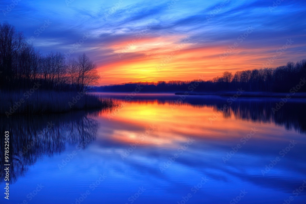 Vibrant Sunset Reflection over Tranquil Lake Vibrant Sunset Reflection over Tranquil Lake