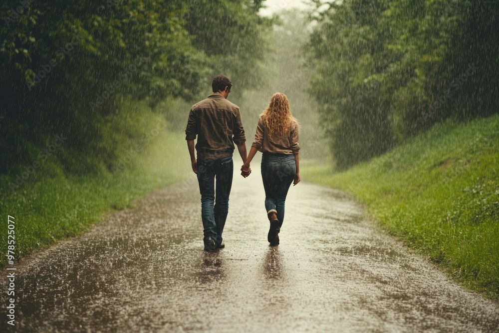 Obraz premium Couple Walking on a Rainy Path