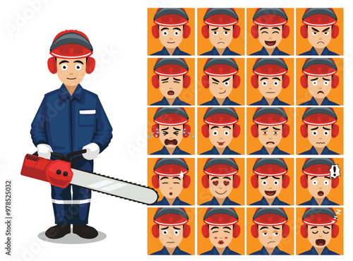 Logging Worker Uniform Cartoon Emotion faces Vector Illustration