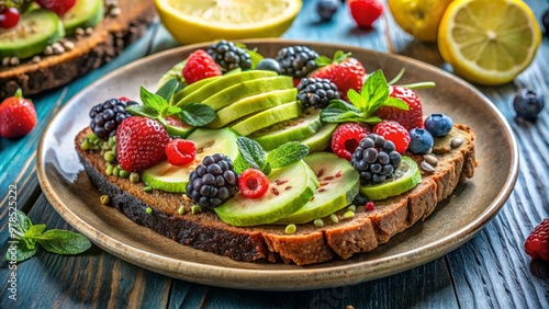 "A close-up shot of a colorful plate with sliced avocado, mixed berries, and whole grain bread, garnished with fresh herbs and a lemon wedge."