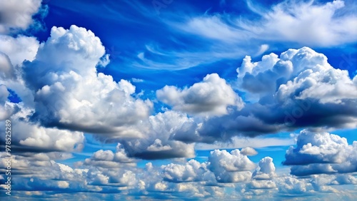 Softly drifting white and gray cumulus clouds stretch across a brilliant blue sky, evoking a sense of serenity and connection to the divine heavens. photo