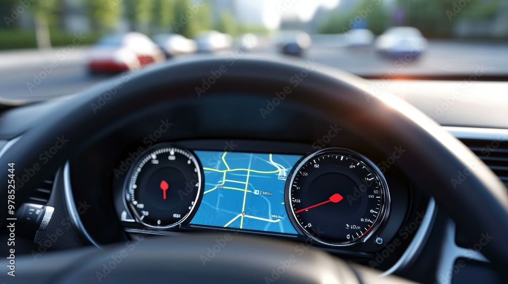 Close-up view of a car dashboard featuring a speedometer and GPS navigation screen while driving on a busy road. Close-up view of a car dashboard featuring a speedometer and GPS navigation screen while driving on a busy road.