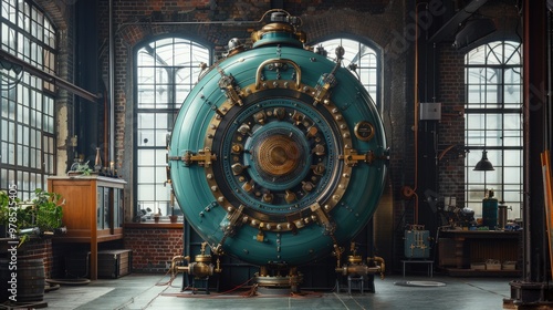 A large, teal-colored, industrial machine with brass accents stands in a brick building with large windows.