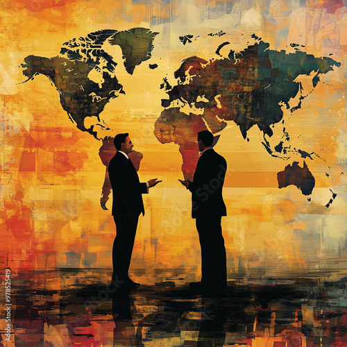 Two men are talking to each other in a business meeting. The meeting is taking place in a room with a large world map in the background. The men are dressed in suits and ties photo