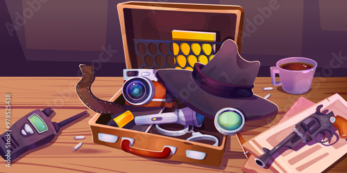 Detective or spy equipment and investigation tools in open case on table - radio and handcuffs, flashlight and camera with film tape, black hat and magnifying glass, gun with bullets on newspaper.