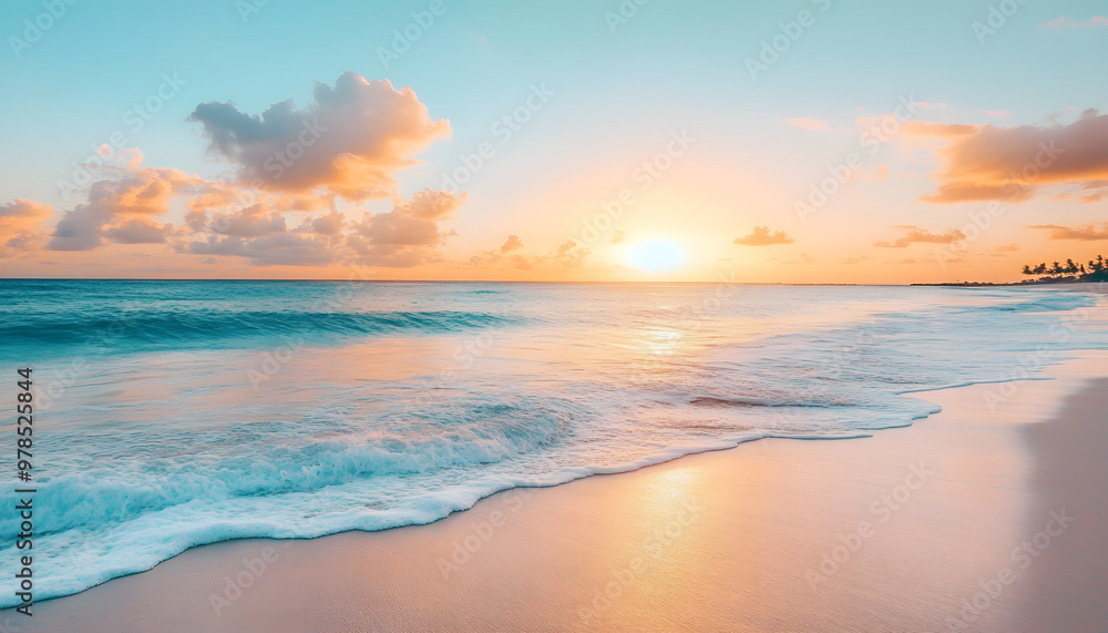 Fototapeta premium Crystal-clear turquoise waters with gentle waves lapping at a pristine beach under a golden sunset