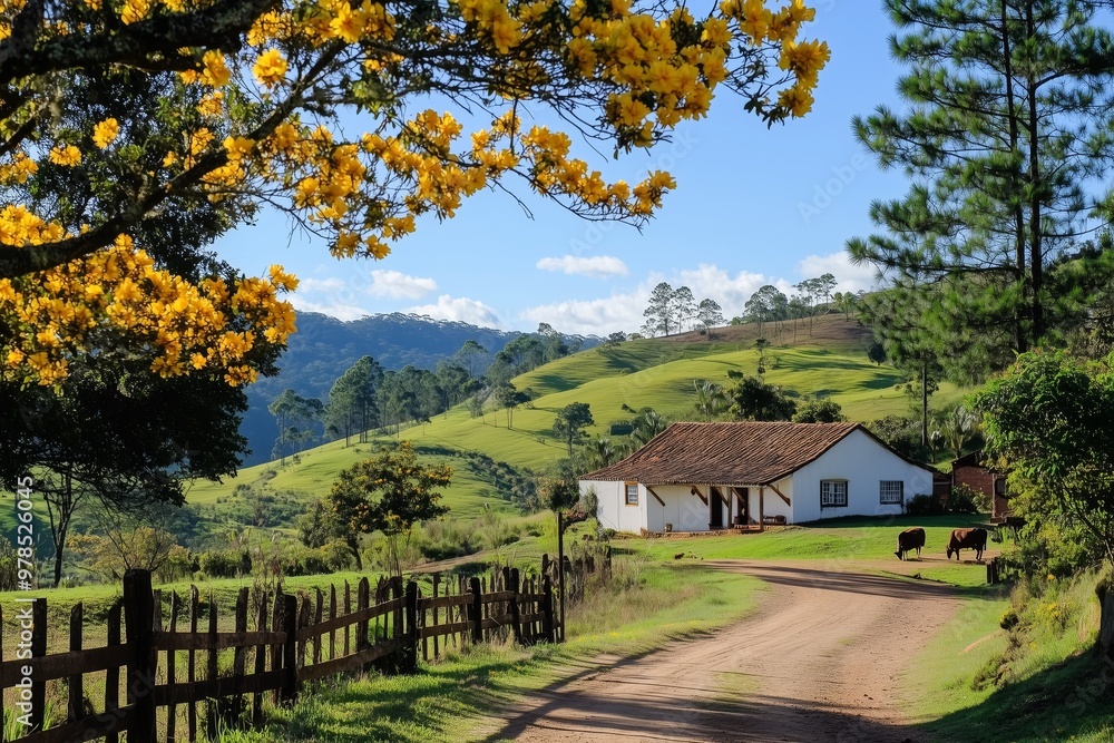 Countryside scene featuring a rustic house, yellow flowering trees, a dirt road, and vibrant green hills. Countryside scene featuring a rustic house, yellow flowering trees, a dirt road, and vibrant green hills.
