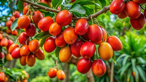 "Vibrant red orange jocotes, also known as plums, hang from the tree branches, ripe for snacking, surrounded by lush foliage in a tropical El Salvador landscape."
