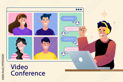 Successful video conference concept. An enthusiastic man celebrates a goal with his team in a virtual meeting. A vector for remote work success, engaging e-learning, and online collaboration.