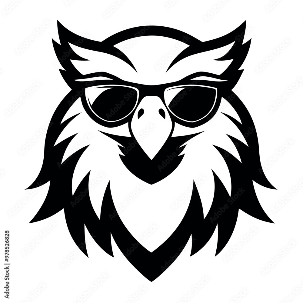 The bird appears to be an eagle, with its wings spread out and its head facing towards the left side of the image. It has a pair of sunglasses on its face The bird appears to be an eagle, with its wings spread out and its head facing towards the left side of the image. It has a pair of sunglasses on its face