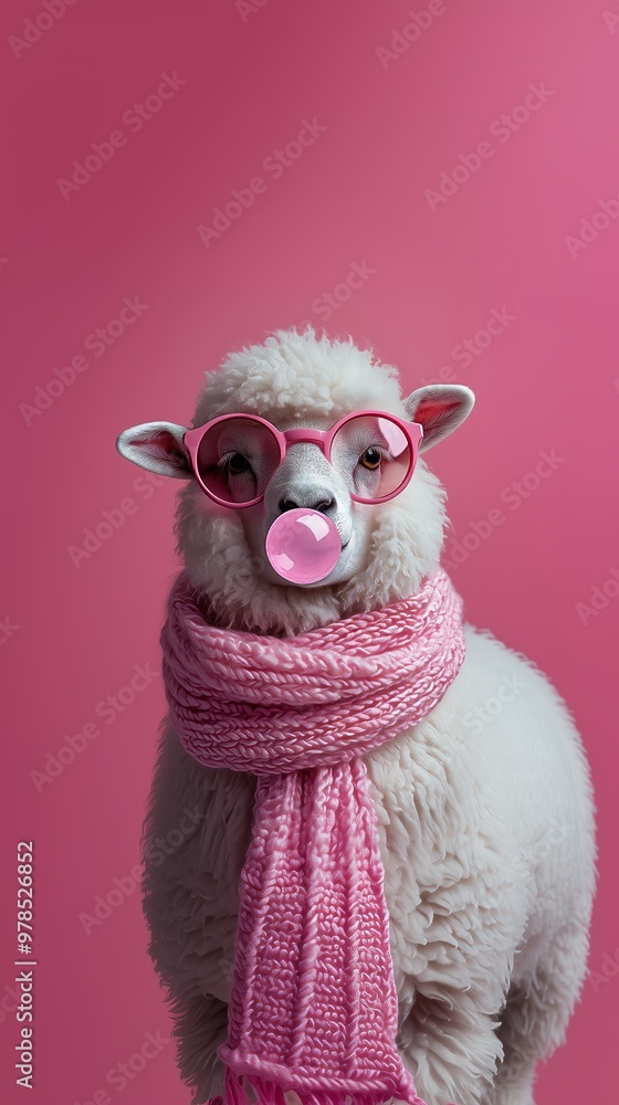 Fototapeta premium Adorable alpaca wearing pink sunglasses and scarf, blowing bubblegum, against a bright pink background.