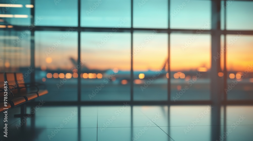 A serene airport scene at sunset with blurred seating and planes visible through glass. A serene airport scene at sunset with blurred seating and planes visible through glass.