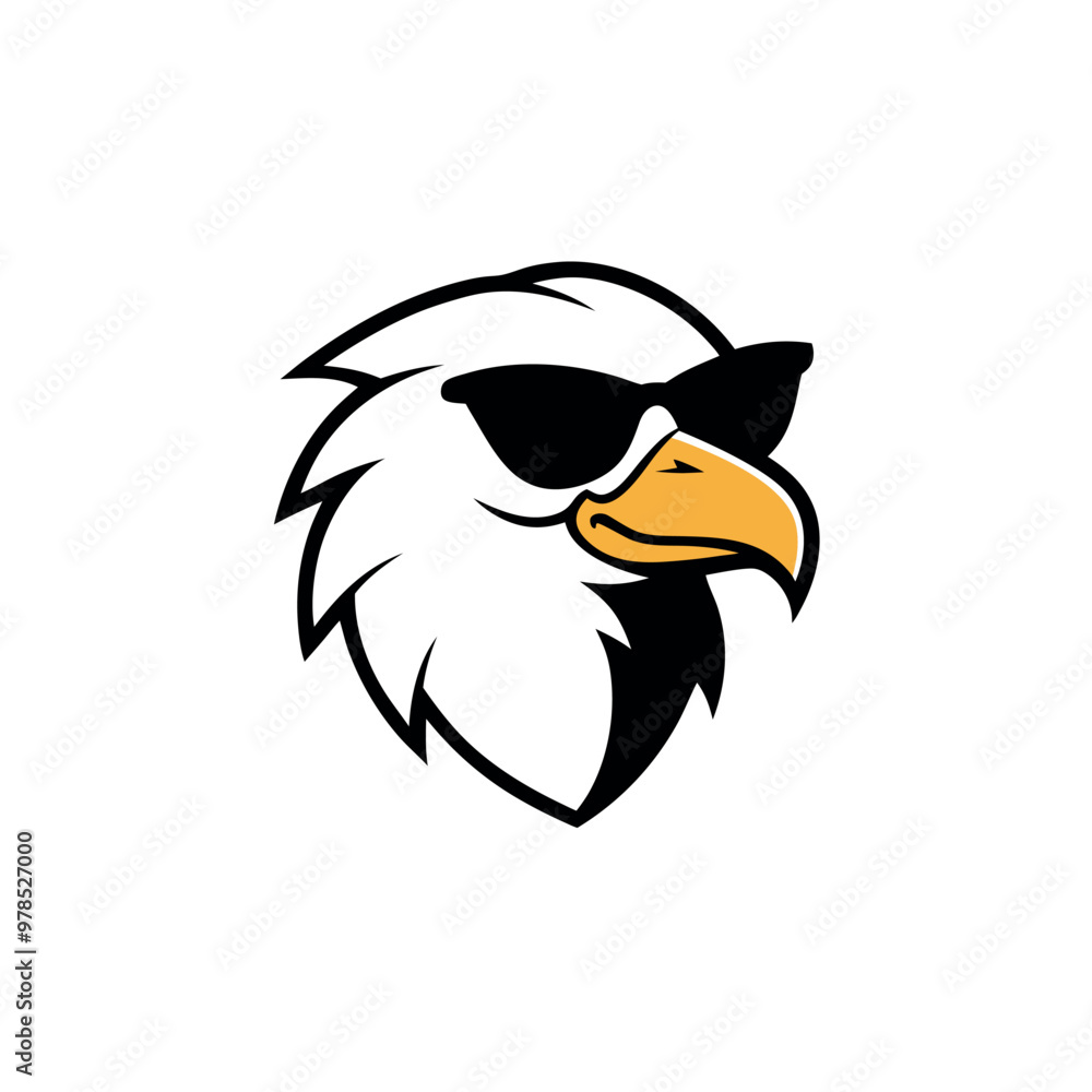 Obraz premium The bird appears to be an eagle, with its wings spread out and its head facing towards the left side of the image. It has a pair of sunglasses on its face
