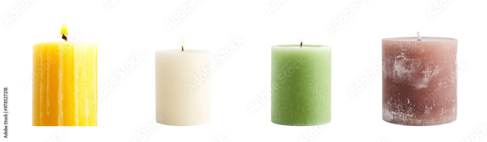 Various candles in different colors and textures on a clean background. Various candles in different colors and textures on a clean background.