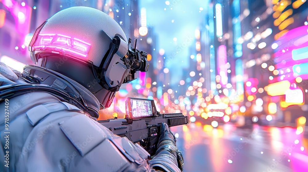 Futuristic Soldier Navigating Cityscape with Neon Lights Futuristic Soldier Navigating Cityscape with Neon Lights
