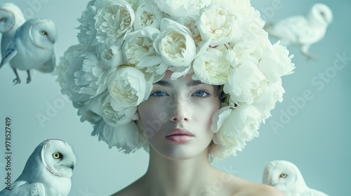 Stunning photo of a woman adorned with white peonies, encircled by owls, under studio lights, resembling Van Gogh's style, a hit on ArtStation, featured on magazine covers, award-winning. photo