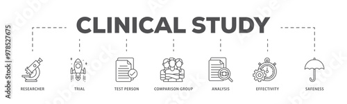 Clinical study infographic icon flow process which consists of researcher, trial, test person, comparison group, analysis, effectivity, and safeness icon live stroke and easy to edit 