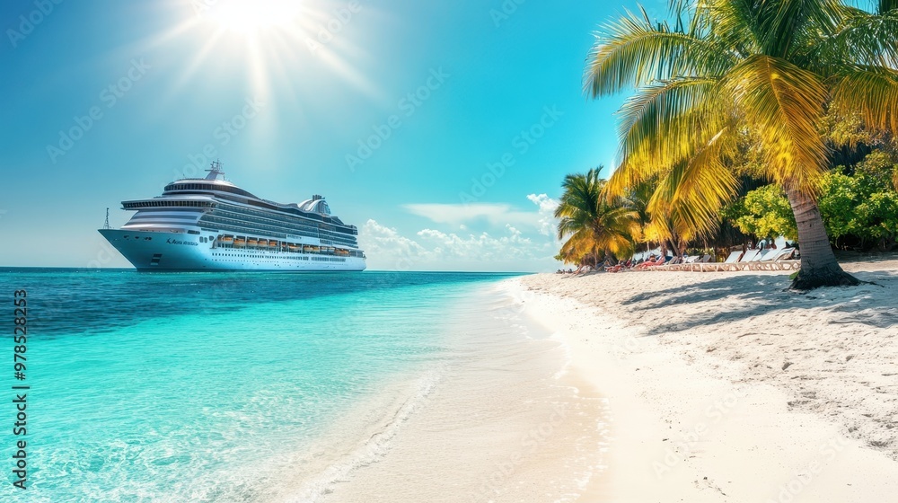 Fototapeta premium A serene beach scene with a cruise ship and palm trees under a bright sun.
