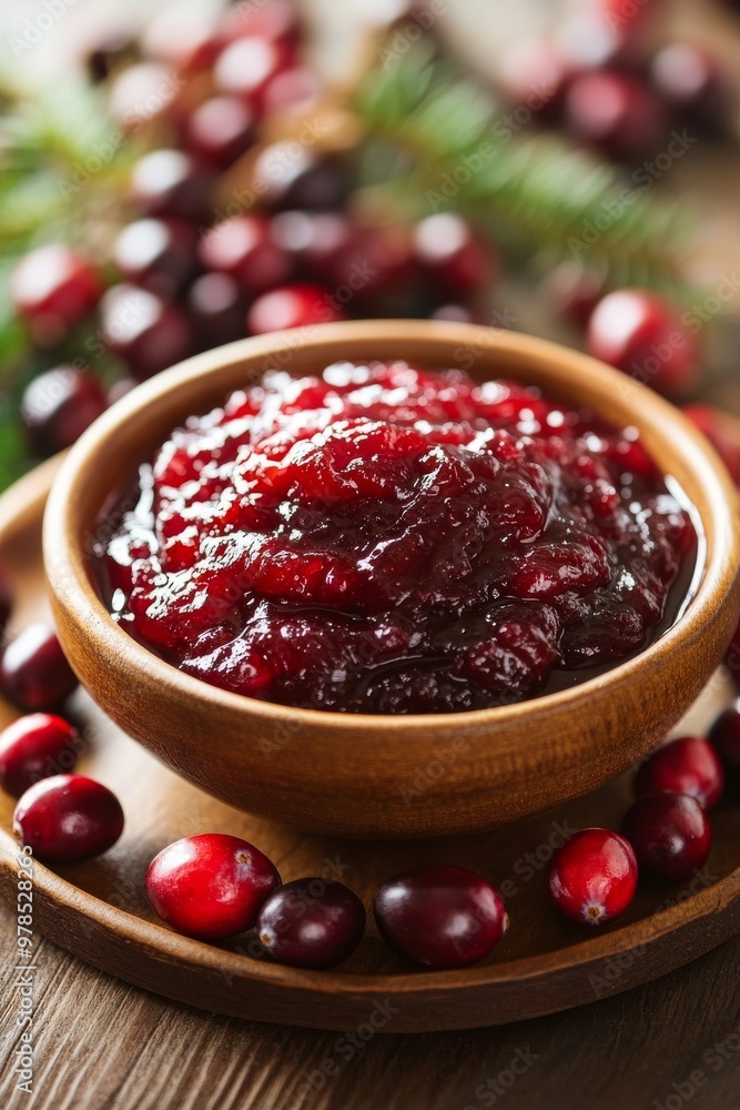 Freshly made cranberry sauce in a wooden bowl surrounded by cranberries on a rustic wooden table Freshly made cranberry sauce in a wooden bowl surrounded by cranberries on a rustic wooden table