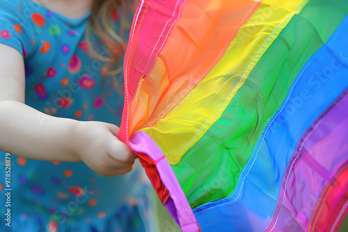 Child's hand holding LGBT rainbow frag at parade or demonstration. Parenting and raising children in LGBTQ same-sex families concept photo