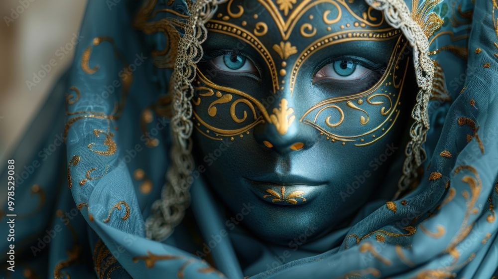 Close-up of a woman wearing a gold and blue masquerade mask and a blue veil, looking directly at the camera. Close-up of a woman wearing a gold and blue masquerade mask and a blue veil, looking directly at the camera.
