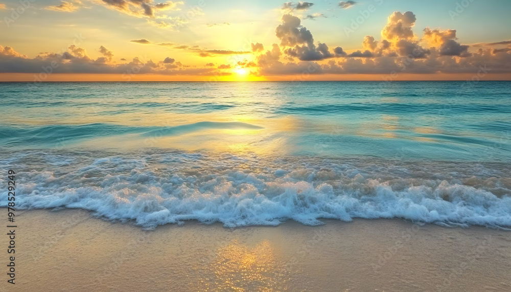 Obraz premium Crystal-clear turquoise waters with gentle waves lapping at a pristine beach under a golden sunset